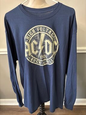 AC/DC Navy Blue Long Sleeve Band T-Shirt with Cream Logo